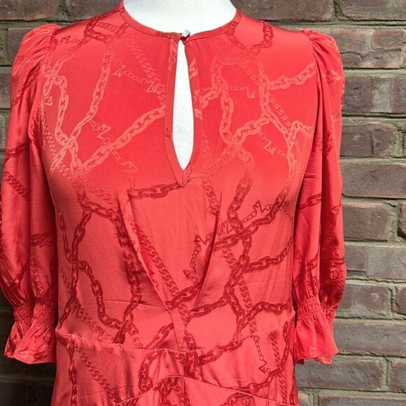 Zadig & Voltaire  X Defile Red Asymmetric Ruffled Silk Crewneck Dress Size Med - Picture 4 of 9